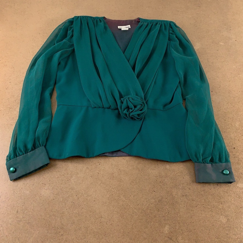 After Dark Women's Size 13/14 Dark Green Chiffon Padded Shoulder Blouse Vintage